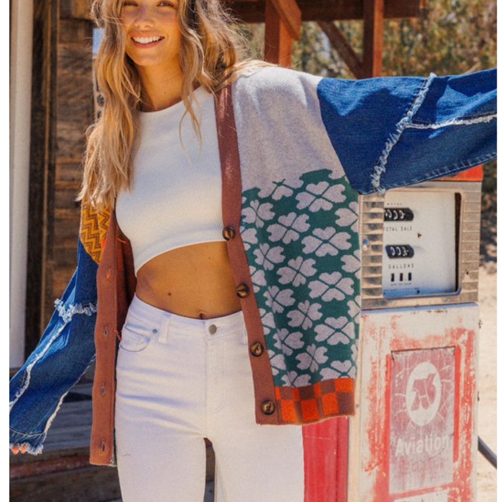 Ces Femme Mixed Knit Denim Oversized Cardigan - Picture 5 of 13